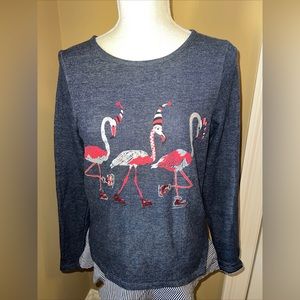 Crown & Ivy Women Size XS flamingo Holiday Christmas Sweater Navy